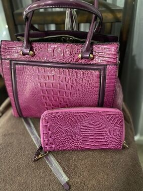 Structured Croc-Embossed Satchel and Wallet in Fuchsia
